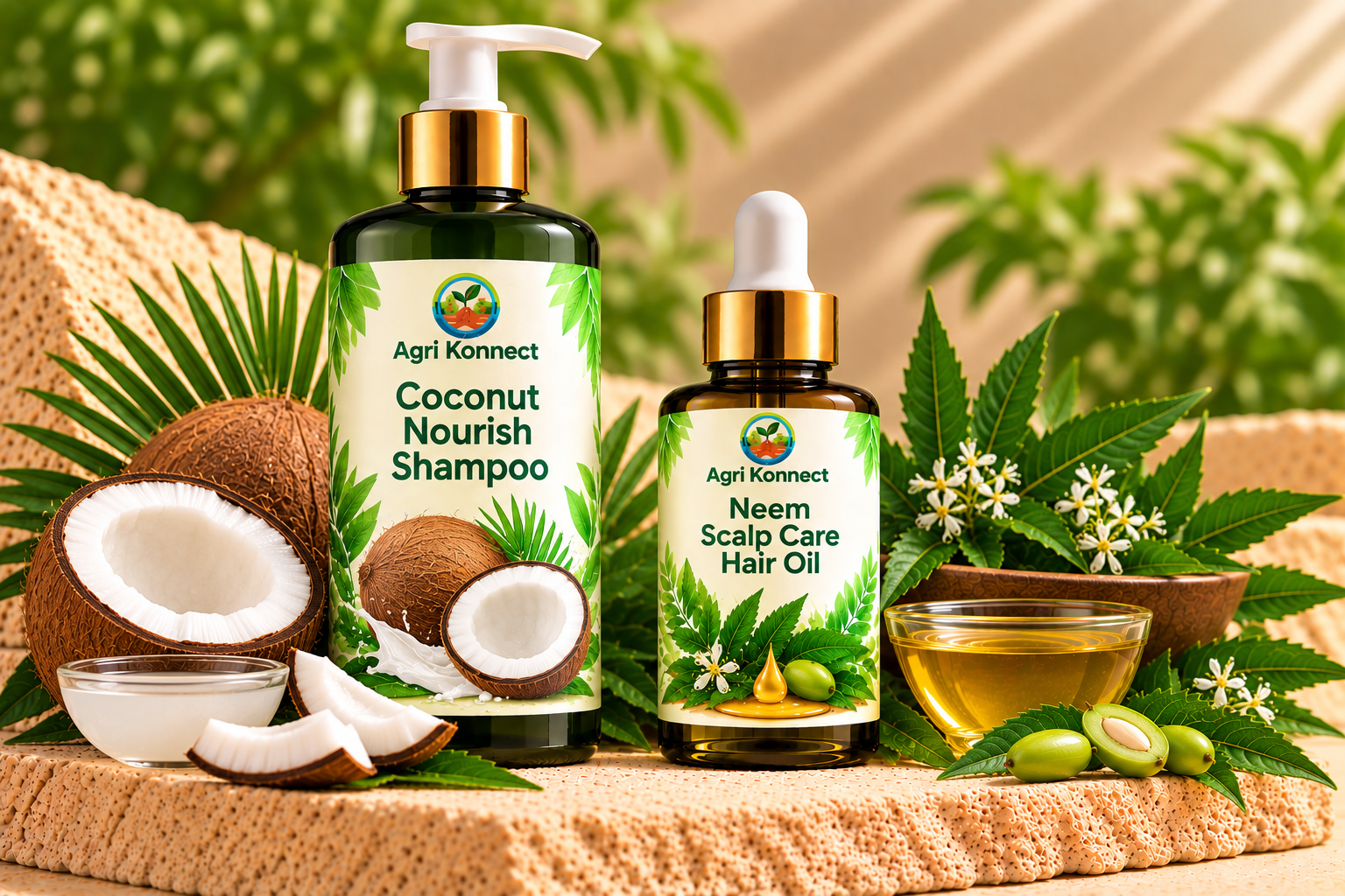 Value combo pack with 2 products: Coconut Nourish Shampoo, Neem Scalp Care Hair Oil.