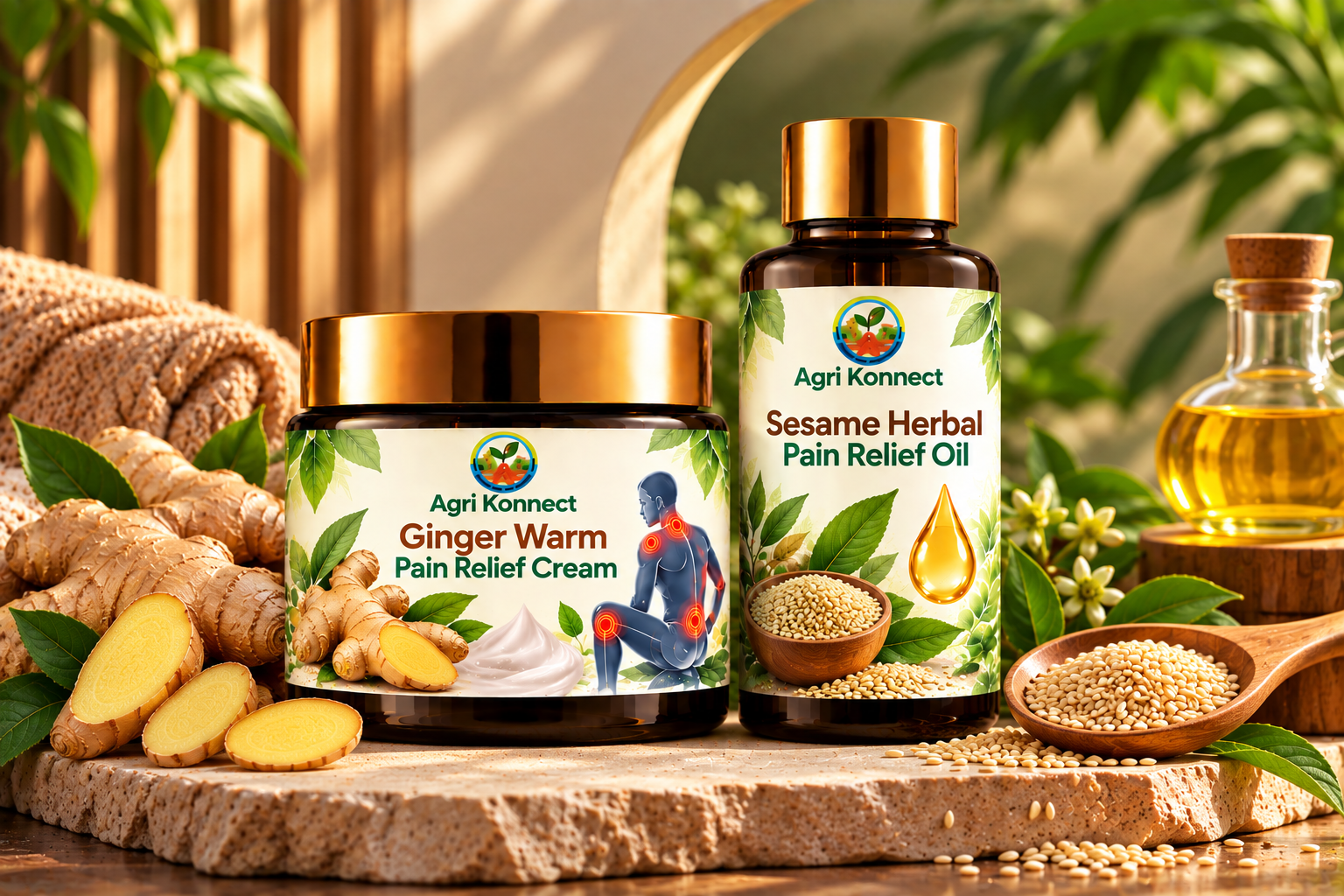 Ginger Warm Pain Relief Cream + Sesame Herbal Pain Relief Oil