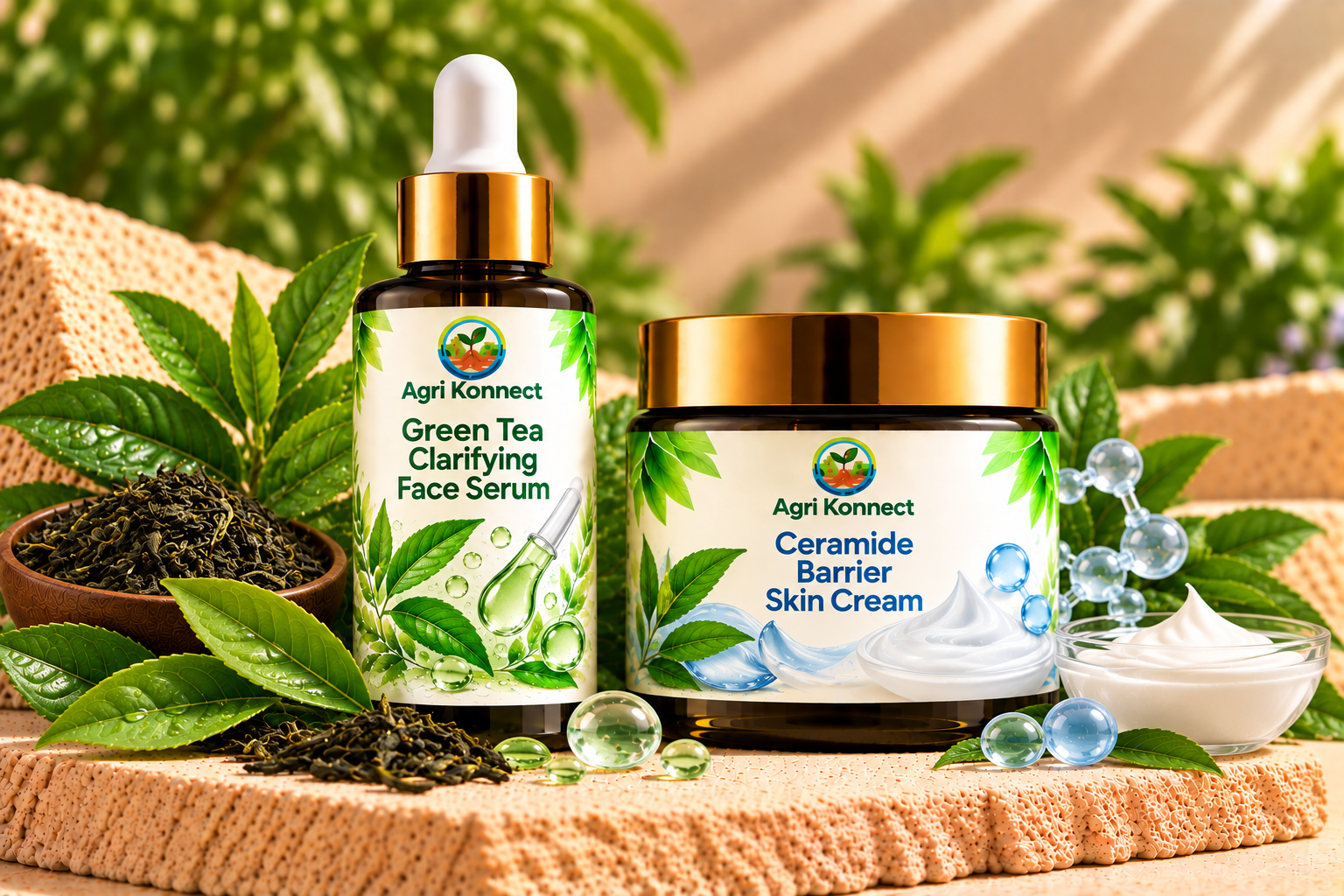 Value combo pack with 2 products: Green Tea Clarifying Face Serum, Ceramide Barrier Skin Cream.
