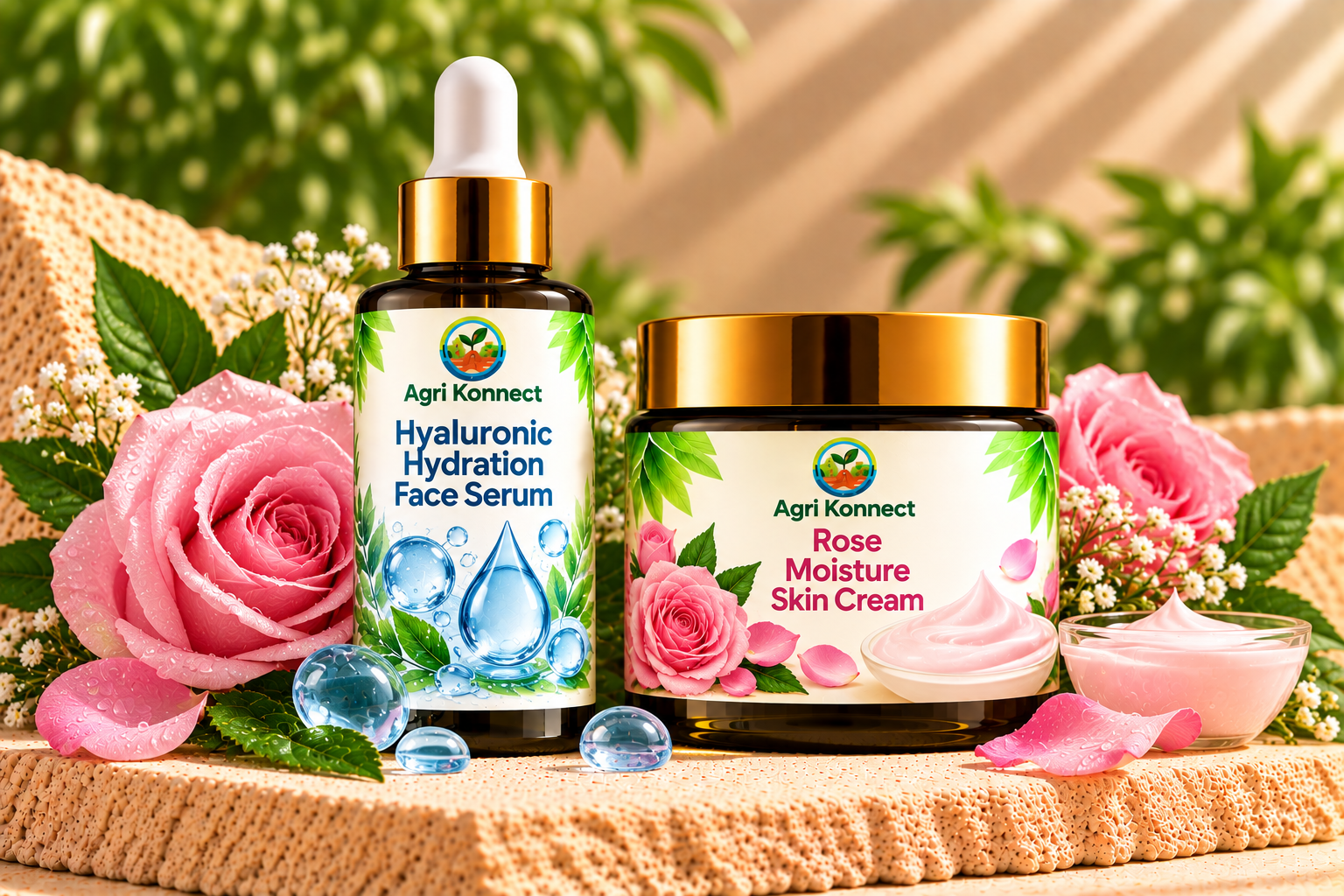 Value combo pack with 2 products: Hyaluronic Hydration Face Serum, Rose Moisture Skin Cream.