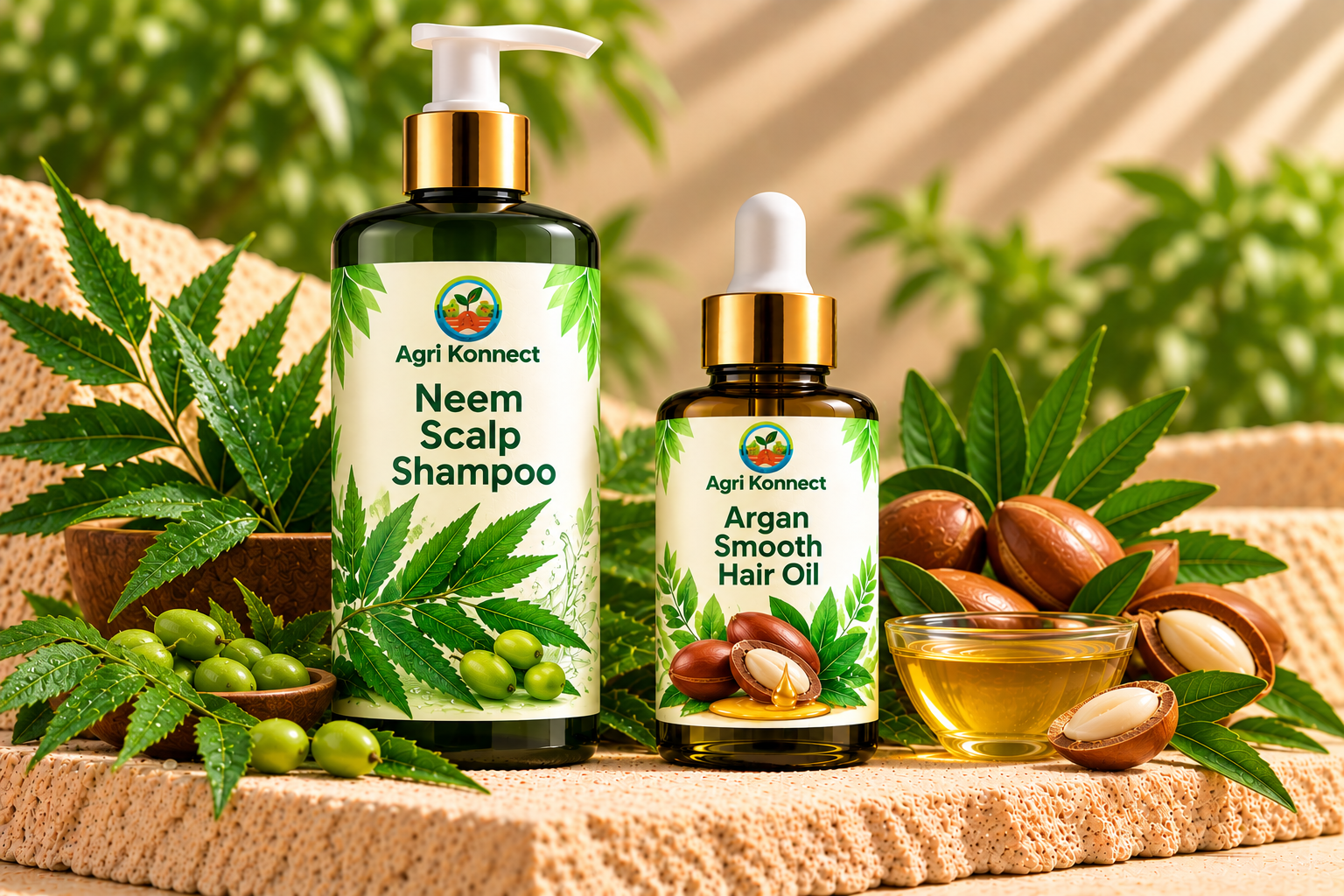 Value combo pack with 2 products: Neem Scalp Shampoo, Argan Smooth Hair Oil.