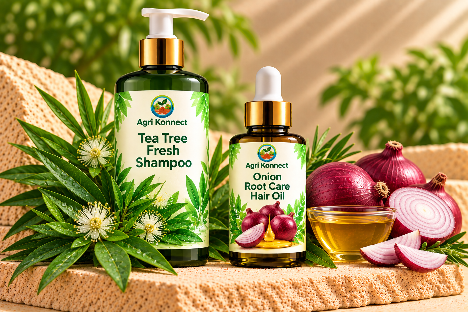 Value combo pack with 2 products: Tea Tree Fresh Shampoo, Onion Root Care Hair Oil.